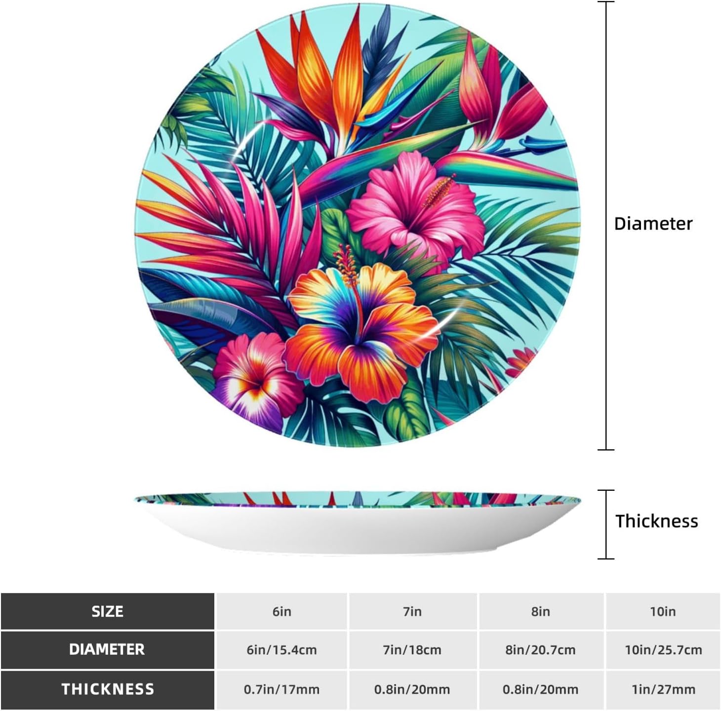 Hibiscus-Bird-Lush-Palm 10 Inch Decorative Plate With Stand, Elegant Display Wall Plate For Home Decor