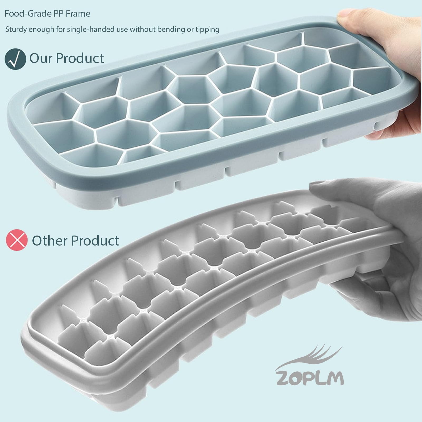 Bandejas grandes para cubitos de hielo con tapa y recipiente, 26 moldes de silicona, apilables, polipropileno y silicona de grado alimenticio, cuchara de hielo gratis para cócteles, café, té