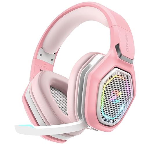 Ozeino 2.4GHz Wireless Gaming Headset with Microphone, 2.4G USB & Type C Transmitter - 30h Battery Life - RGB Lighting Gaming Headphones for PS5, PS4, PC, Phone - Pink