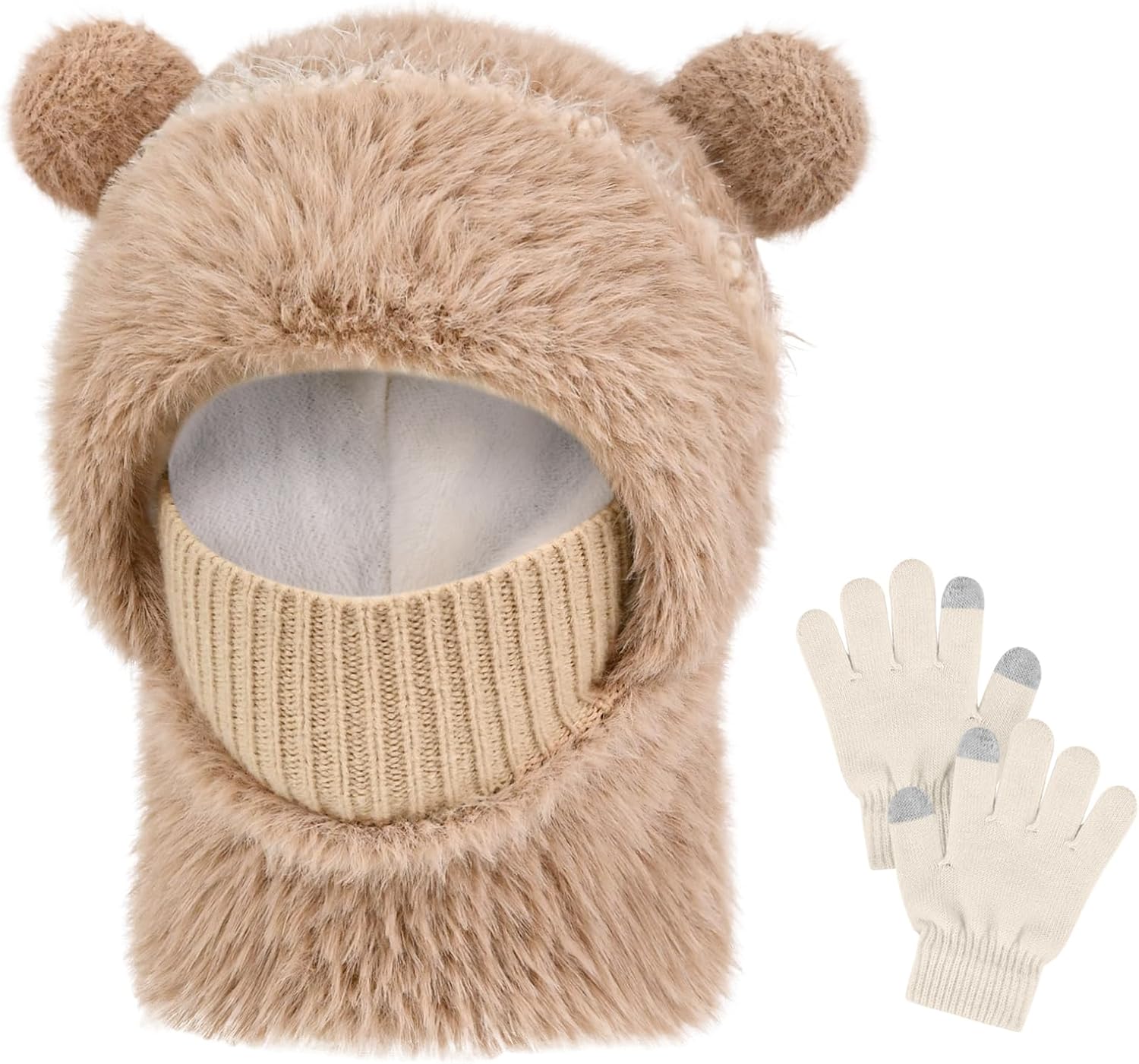 ZOORON Kids Winter Hat Gloves Scarf Set- Kids Beanie Mask with Cute Bear Pom Warm Fleece- Neck Warmer Fleece Lined Set