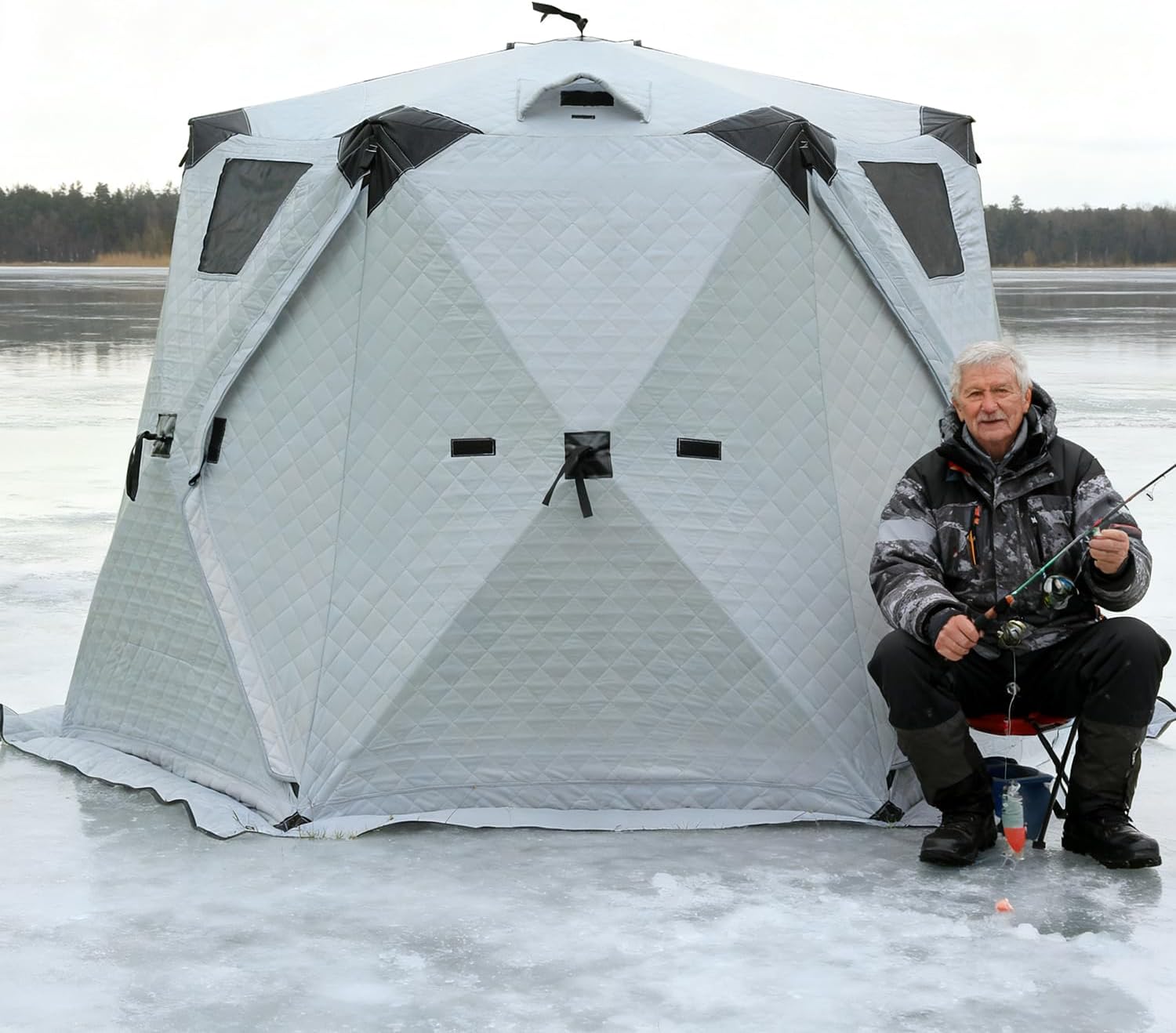 Portable Ice Fishing Shelter 6–12 Person with Stove Jack, Dual-Layer Insulation,2 Doors,4 TPU View Windows,Pop-Up Winter Ice Shanty with Anchors&Wind Ropes for Cold-Weather Camping Silver-6-8Person