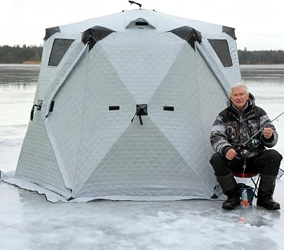 Portable Ice Fishing Shelter 612 Person with Stove Jack, Dual-Layer Insulation,2 Doors,4 TPU View Windows,Pop-Up Winter Ice Shanty with Anchors&Wind Ropes for Cold-Weather Camping Silver-6-8Person