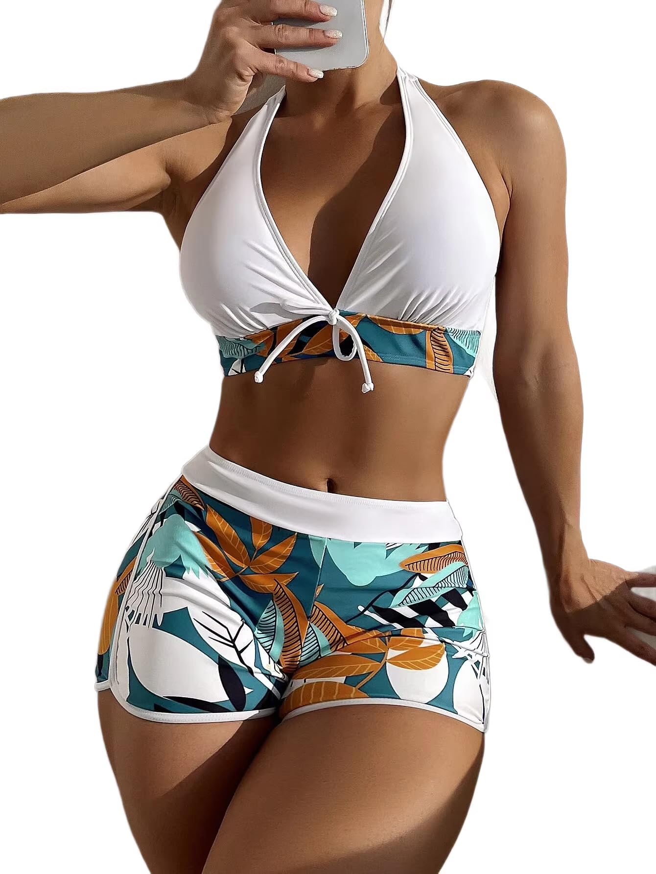 Conjunto de bikini corto de cintura alta para mujer, parte superior halter con estampado de hojas de lazo frontal, traje de baño modesto de 2 piezas, Blanco/Verde, Small