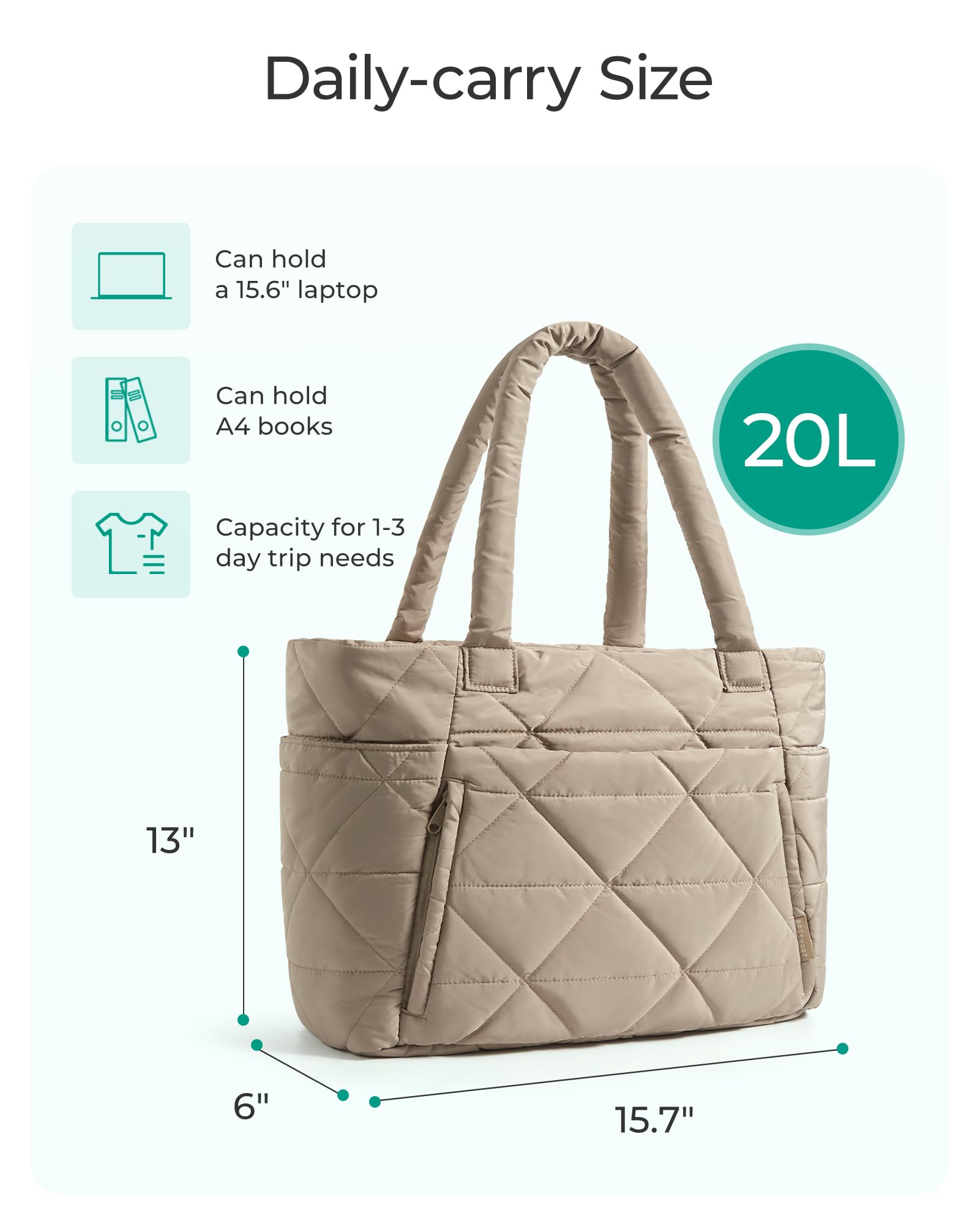bagsmart Handtasche Damen Shopper Tasche, Puffer Tote Bag Arbeitstasche 15,6 Zoll Laptoptasche Lehrertasche mit Reißverschluss, Leichte taschen für Reisen, Arbeit, Schule und Strandurlaub