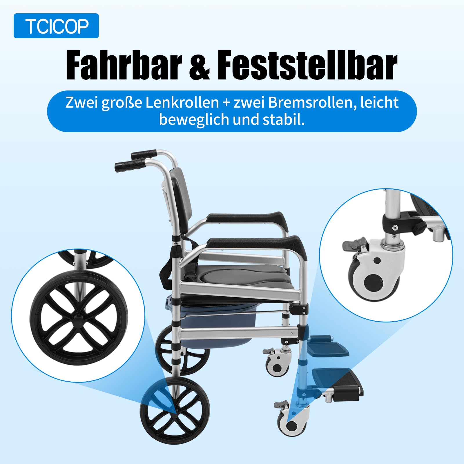 Toilettenstuhl für Senioren, Höhenverstellbar Duschstuhl mit Rollen, Faltbar Duschstuhl Toilettenhilfen, Mobil Toilettenstuhl 160kg Tragfähigkeit, für Badezimmer