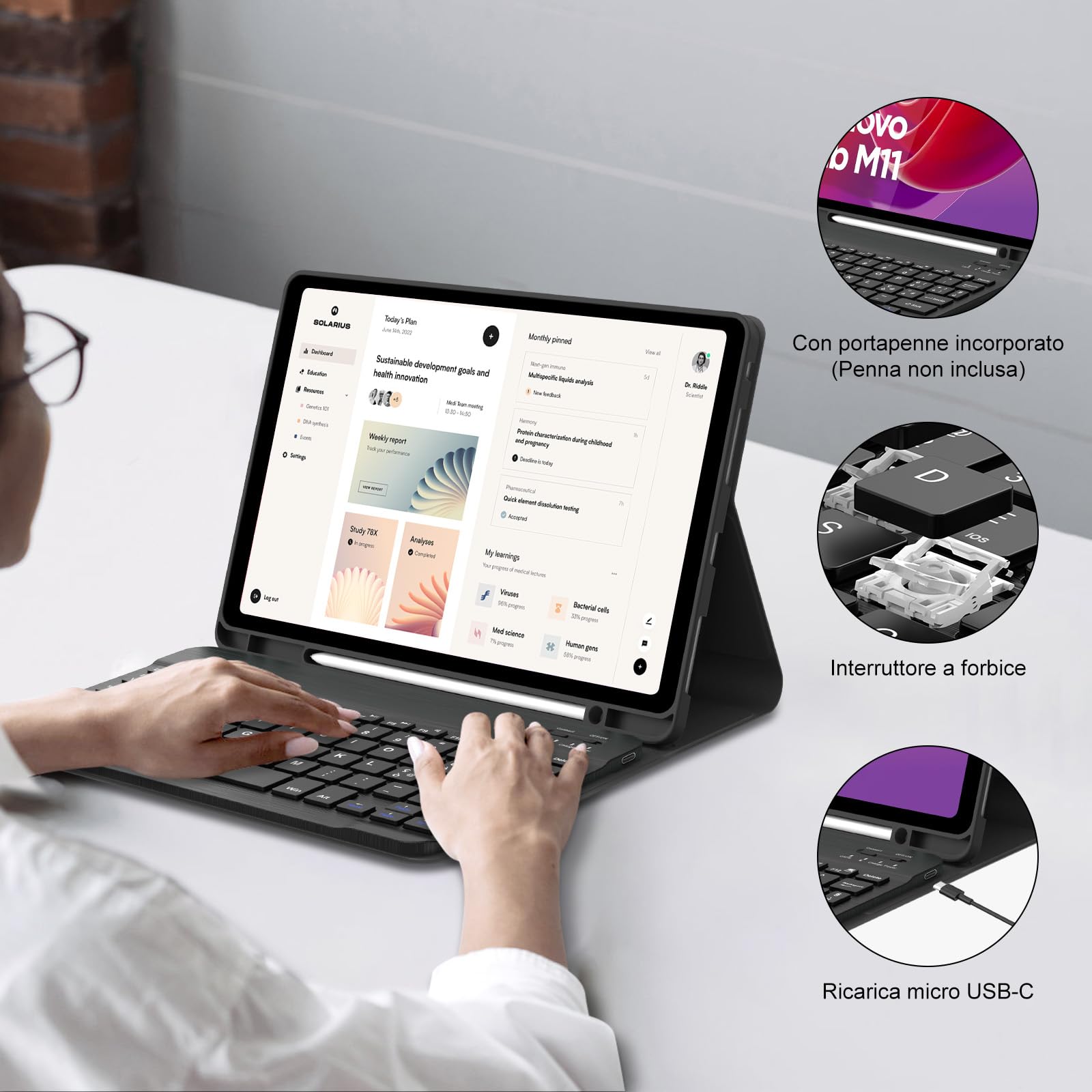 JADEMALL Custodia Tastiera per Lenovo Tab M11 11 Pollici 2024, Italiana QWERTY Tastiera Bluetooth Magnetica Staccabile per Lenovo Tab M11 11" 2024 (TB330FU/330XU), Nero