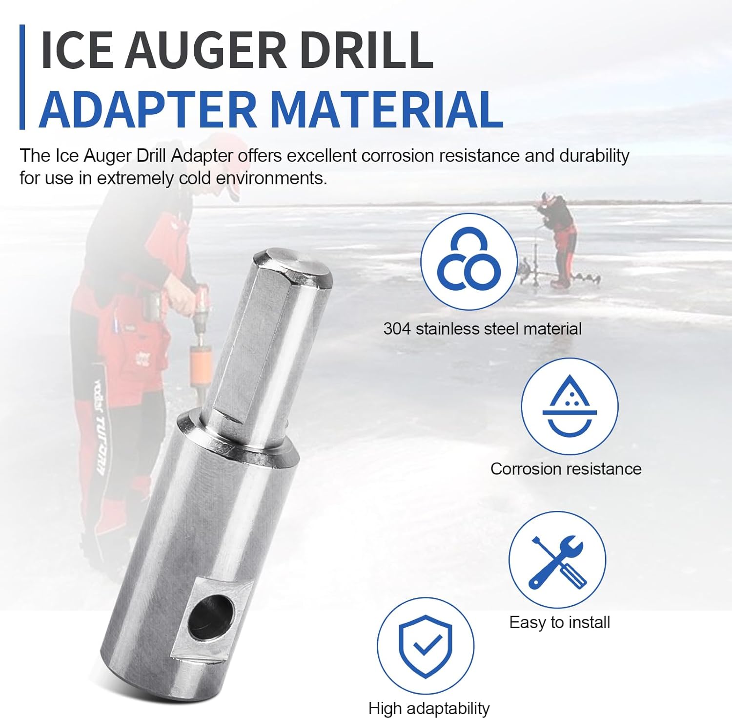 Ice Auger Drill Bit Adapter Fits 1/2" Plus Drill Chucks with 1/4" Hole Compatible with Strikemaster, Eskimo, Mora for 1/4"-20 Wing Bolts & Locking Screws