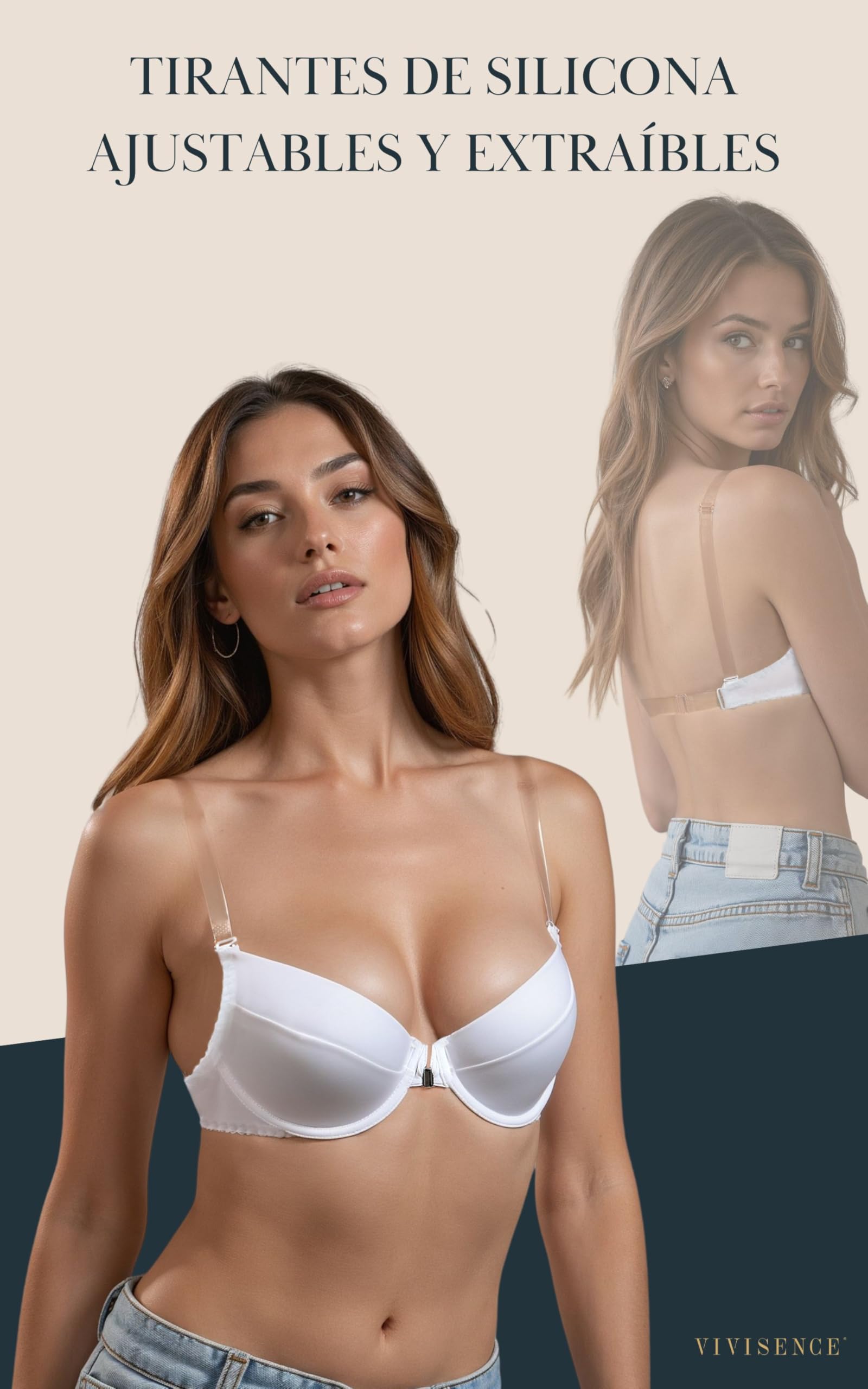 Vivisence Sujetador con Tirantes Silicona Transparentes para Mujer Push Up Invisible Sujetadores Sin Espalda