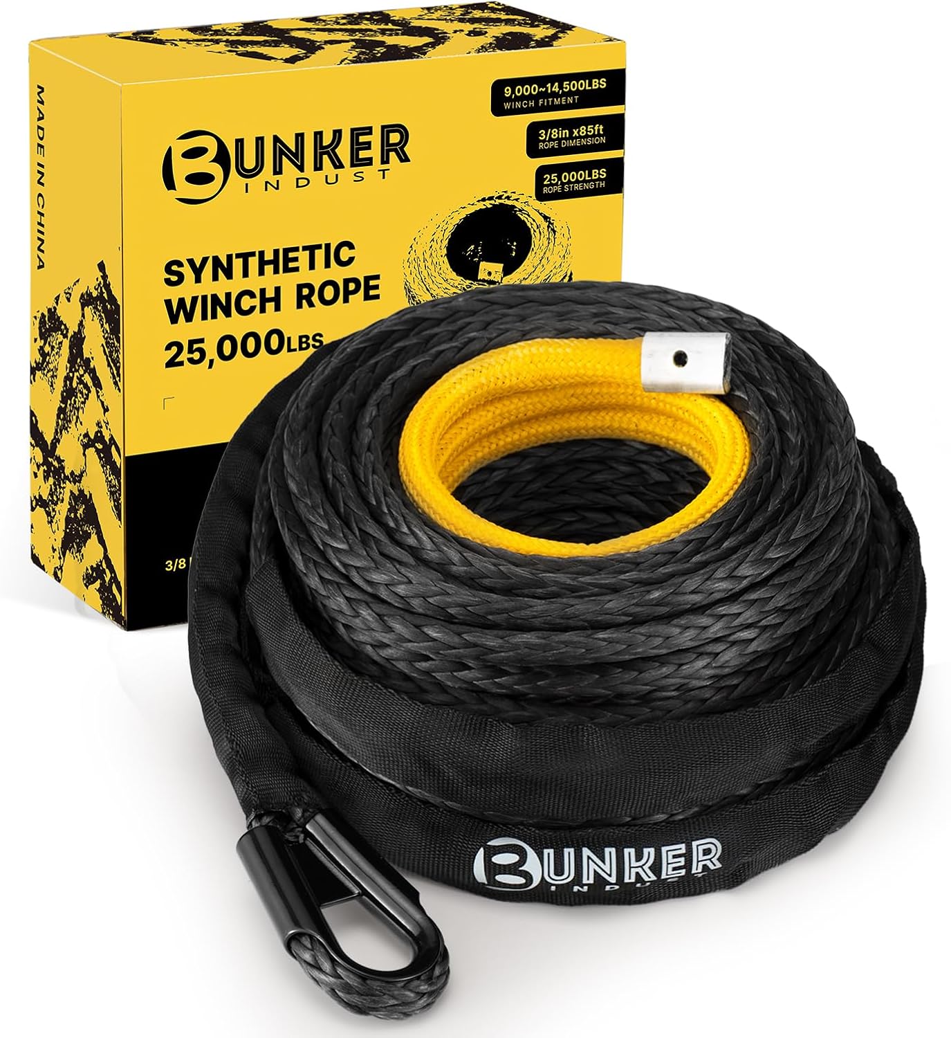 BUNKER INDUST Synthetic Winch Rope 3/8" x 85', 25000 Ibs Winch Cable Replacement with Protective Sleeve for Recovery Off Road ATV UTV SUV Truck,1 Pcs Black Winch Line