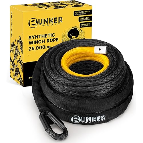 BUNKER INDUST Synthetic Winch Rope 3/8" x 85', 25000 Ibs Winch Cable Replacement with Protective Sleeve for Recovery Off Road ATV UTV SUV Truck,1 Pcs Black Winch Line