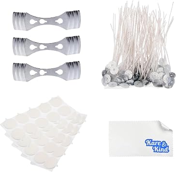 Candle Wick Bundle 50 Candle Wicks, 50 Stickers and 3 Wick Holders - Easy Positioning - Wicks Coated With Natural Soy Wax, Cotton Threads Woven with Paper - Contains No Lead, Zinc or Other Metals