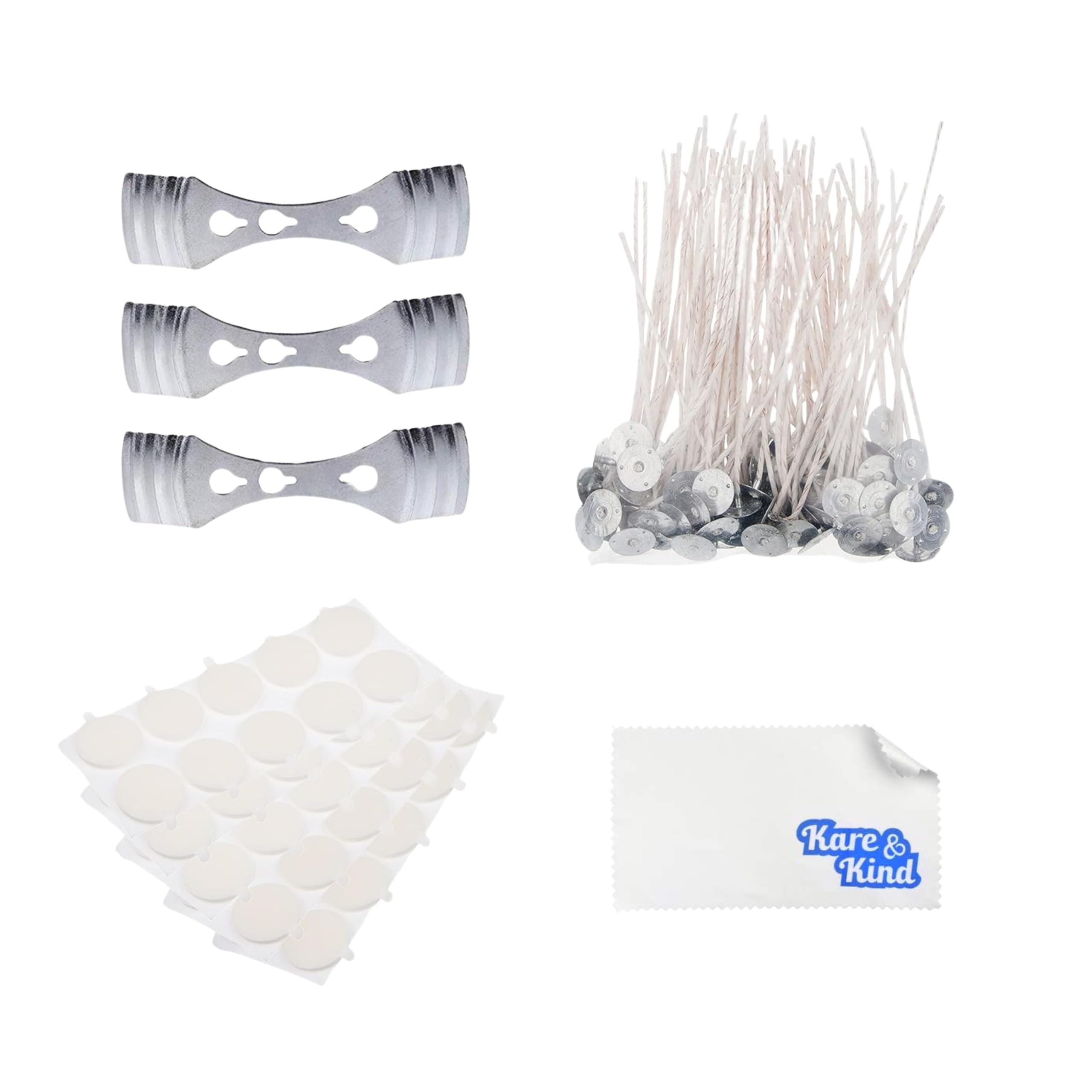 Candle Wick Bundle: 50 Candle Wicks, 50 Candle Wick Stickers and 3 Candle Wick Holders - Wicks Coated With Natural Soy Wax, Cotton Threads Woven with Paper - Candle Making Kit