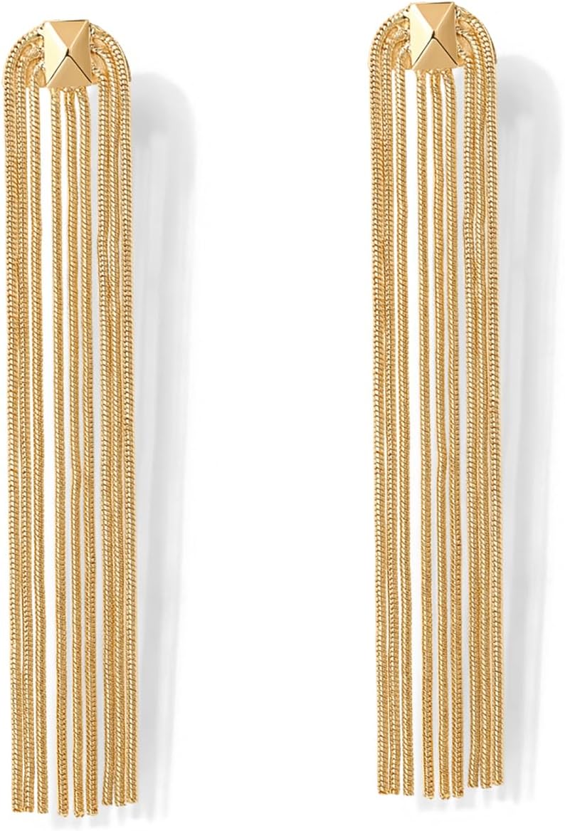 PAVOI 14K Gold Plated Long Tassel Dangle Earrings for Women - 925 Sterling Silver Posts Elegant Rhinestone Chain Chandelier Drop Earrings - Statement Jewelry