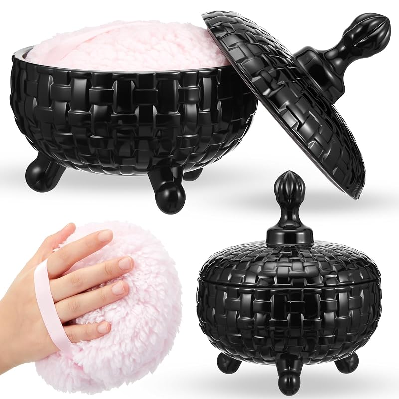 Tioncy Kit com Puff para Pó e Pote de Vidro com Design Trançado, Preto