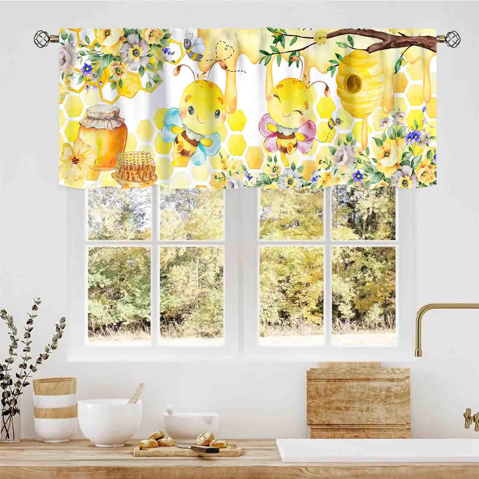 Tkuyo Bee-03 Bee Valances For Window, Farmhouse Yellow Sunflower Honeycomb Spring Lovely Honeybee Watercolor Rustic Country Small Short Curtains For Kitchen Cafe Bedroom Living Room Bathroom Cabinet, 54"X18" Inch