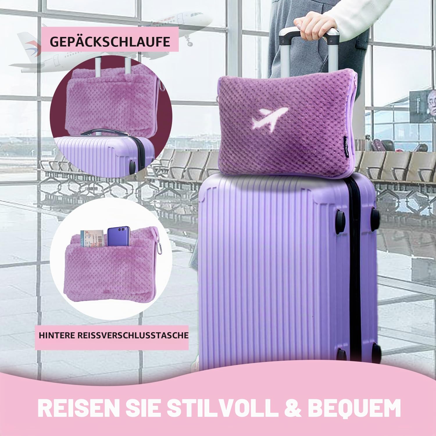 3-in-1-Reisedecke-Kissen-Set, 350 g/m², Dicke Reisedecke, Flugzeug, kompakt, mit Tasche, weiche Tasche mit Tasche, aufblasbares Reisekissen für Camping & Autoreise (Violett)