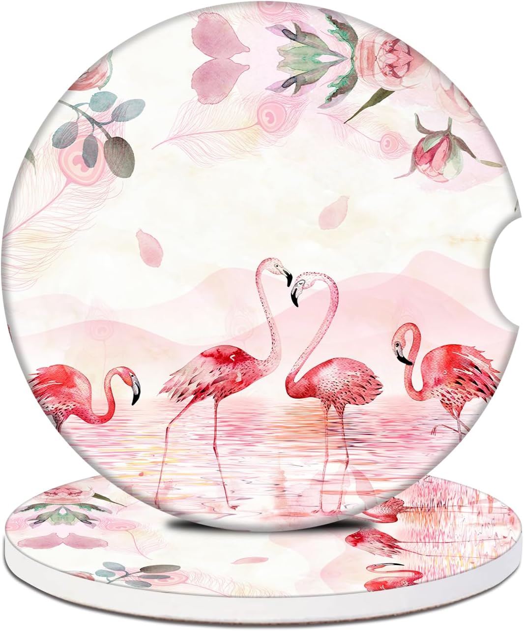 Car Cup Holder Coasters - Pink Flamingo Lover Absorbent Ceramic Coaster 2 Pack, Anti Slip Car Coasters for Cup Holders, Fashion Car Interior Accessories Drink Coaster for Women & Men