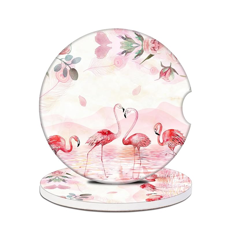 Kit com 2 Porta-Copos Automotivos de Cerâmica PUIBUN Pink Flamingo Absorventes para Console