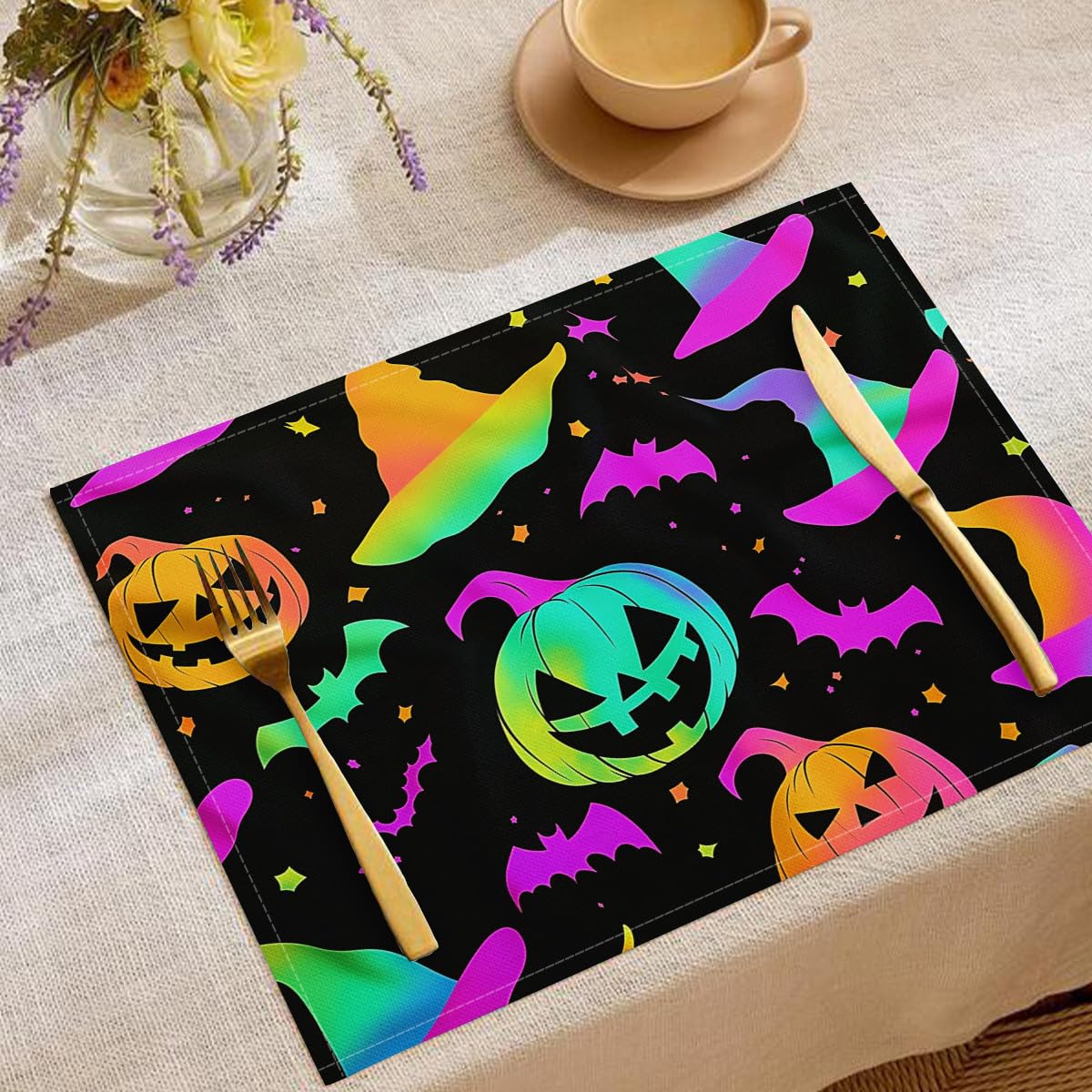 Sets de table citrouilles colorées pour repas de fête et cuisine d'Halloween