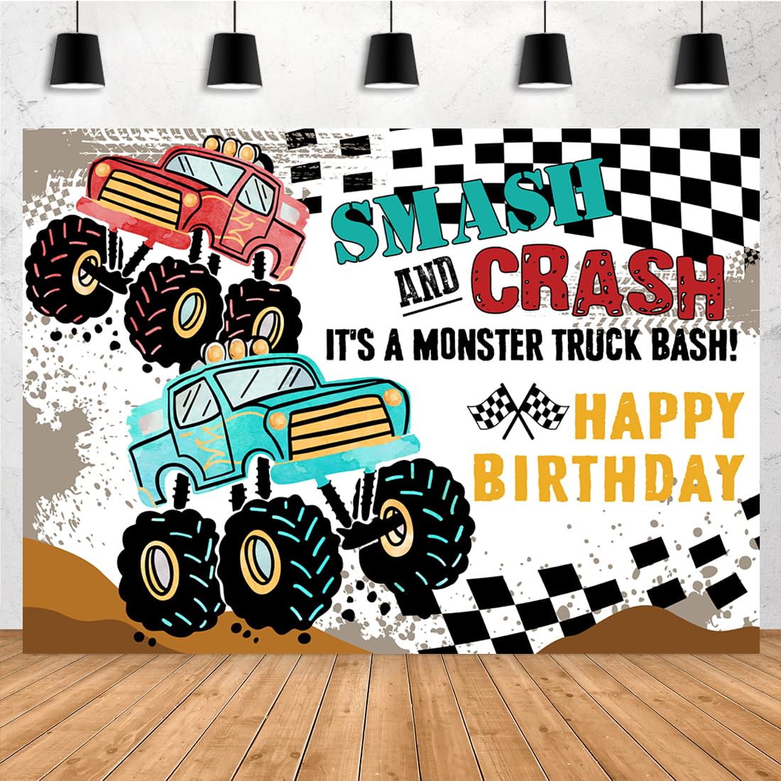Aperturee 7x5ft Truck Themed Happy Birthday Backdrop Monster Boys Kids Bday Smash and Crash Background Photography Jam Burning Flame Car Grave Digger