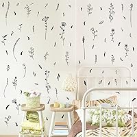 Vista 7 de Kazova Calcomanías de pared de hojas florales, calcomanías de pared de flores silvestres negras, ramo de plantas botánicas, calcomanías de pared