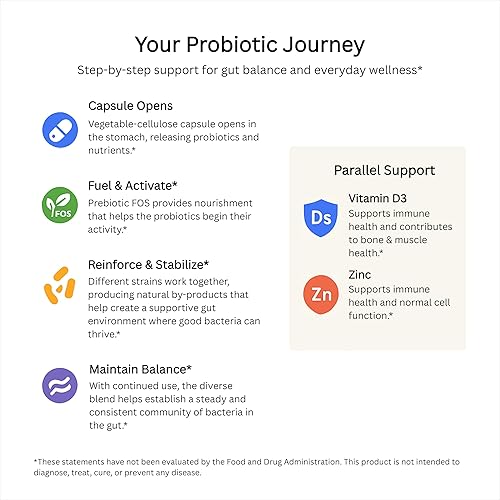 Miniatura 6 de LivingRock Probióticos 60 mil millones de UFC 14 cepas diversas + fibra prebiótica (FOS) con zinc y vitamina D3 Suplemento dietético sin gluten,