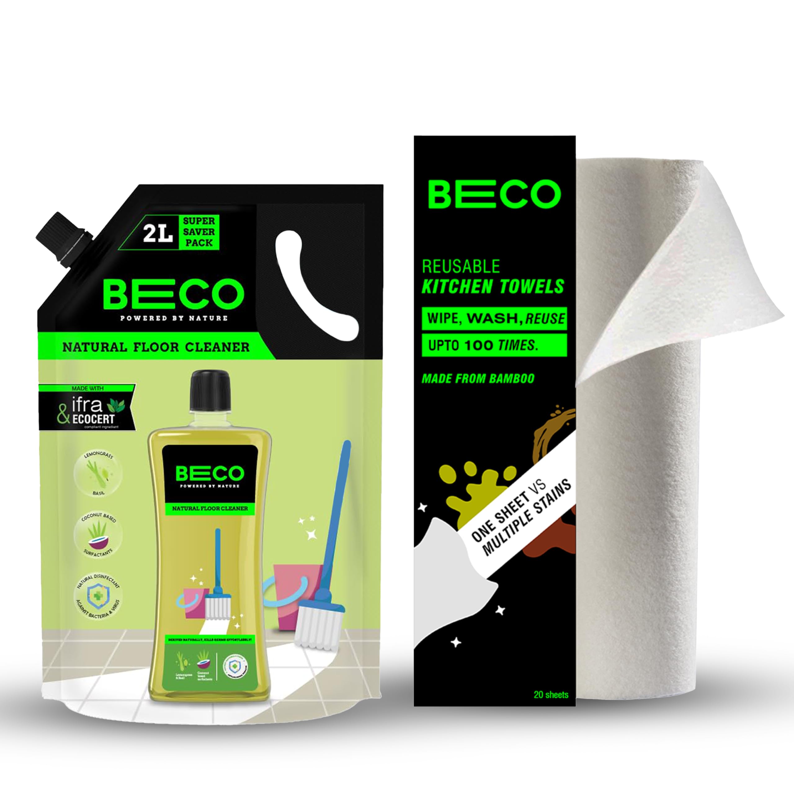 Beco Reusable Kitchen Towel & Natural Floor Cleaner Combo | Bamboo Kitchen towel- Reusable upto 2000 times(20 sheets) | Disinfectant Floor Cleaner- 2 Litres- with Non Toxic Germ Kill Formula-image-23