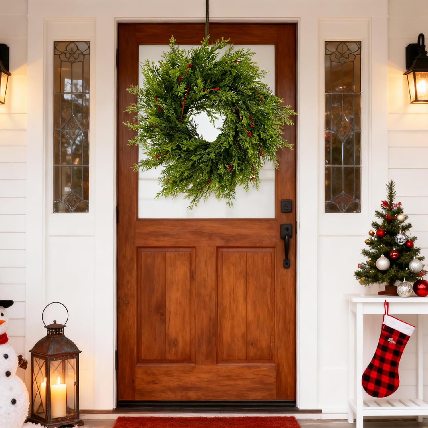 24Inch Artificial Christmas Wreath, Faux Christmas Wreaths with Red Berry, Real Touch Winter Wreath for Front Door, Home Porch Fireplace Window Holiday Decor (1PCS) - Image 6