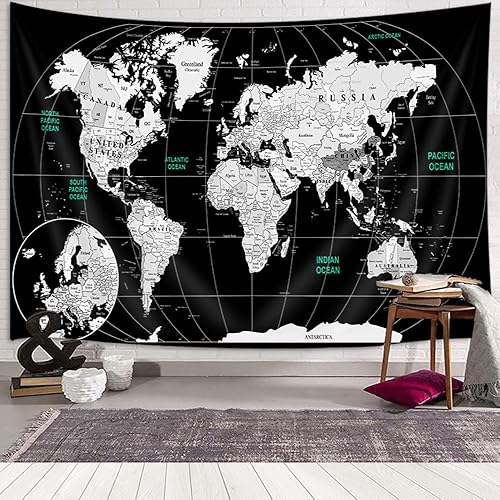 JAWO Tapiz de mapa del mundo, colgante de pared para niños y estudiantes, mapa del mundo con países y ciudades principales, tapiz educativo para