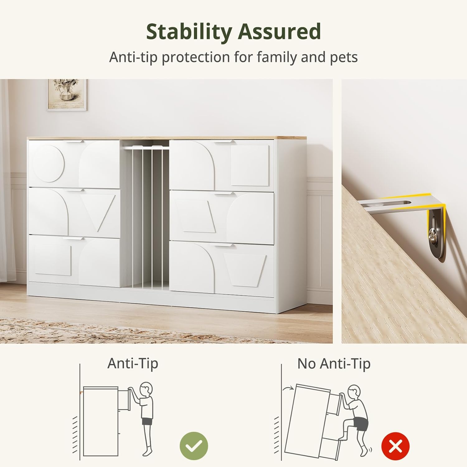 6 Drawer Dresser for Bedroom, 58.1" Wide Wooden Dresser with Geometric Patterns for Kids, Large Dressers & Chests of Drawers for Storing Toys and Yoga Mat, White Dresser