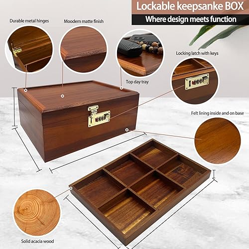 Miniatura 2 de Caja de almacenamiento grande de madera de acacia con tapa con bisagras y cerradura de combinación, cajas decorativas con bandeja extraíble, caja de