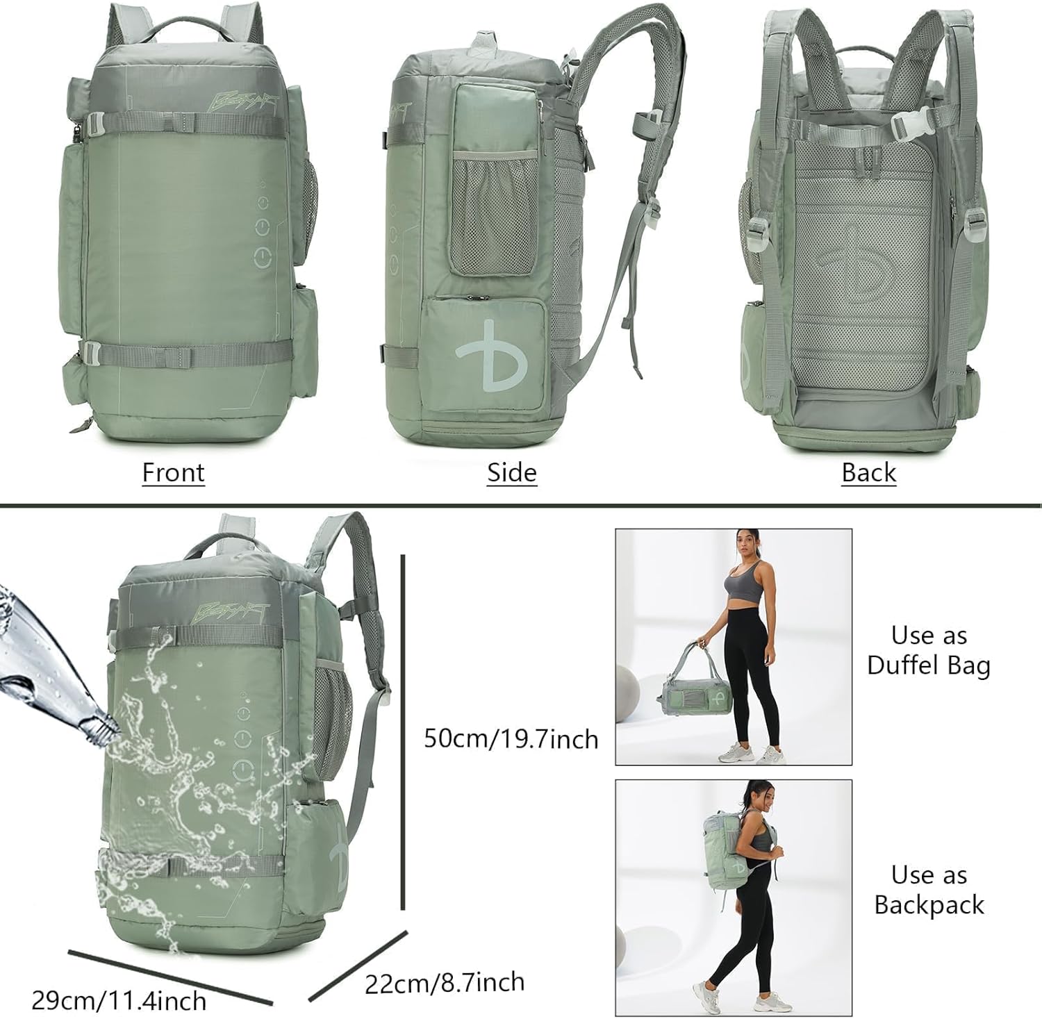 BE SMART 2 in 1 Convertible Gym Duffel Bags with Shoes Compartment-32L Waterproof Extra Large Workout Backpack for Gym Women, Heavy Duty Sports Duffle Backpacks for Travel, Hiking, Camping, Carry on - Image 7