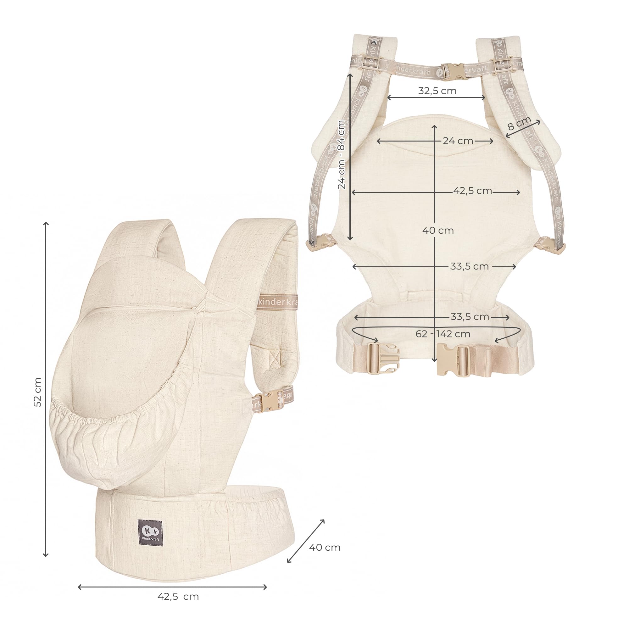 Kinderkraft portabebés ergonómico ELARA desde los 3 meses hasta 20 kg, 2 posiciones: delante y a la espalda, panel ajustable, bolsillos, capucha desmontable, lino y algodón transpirables