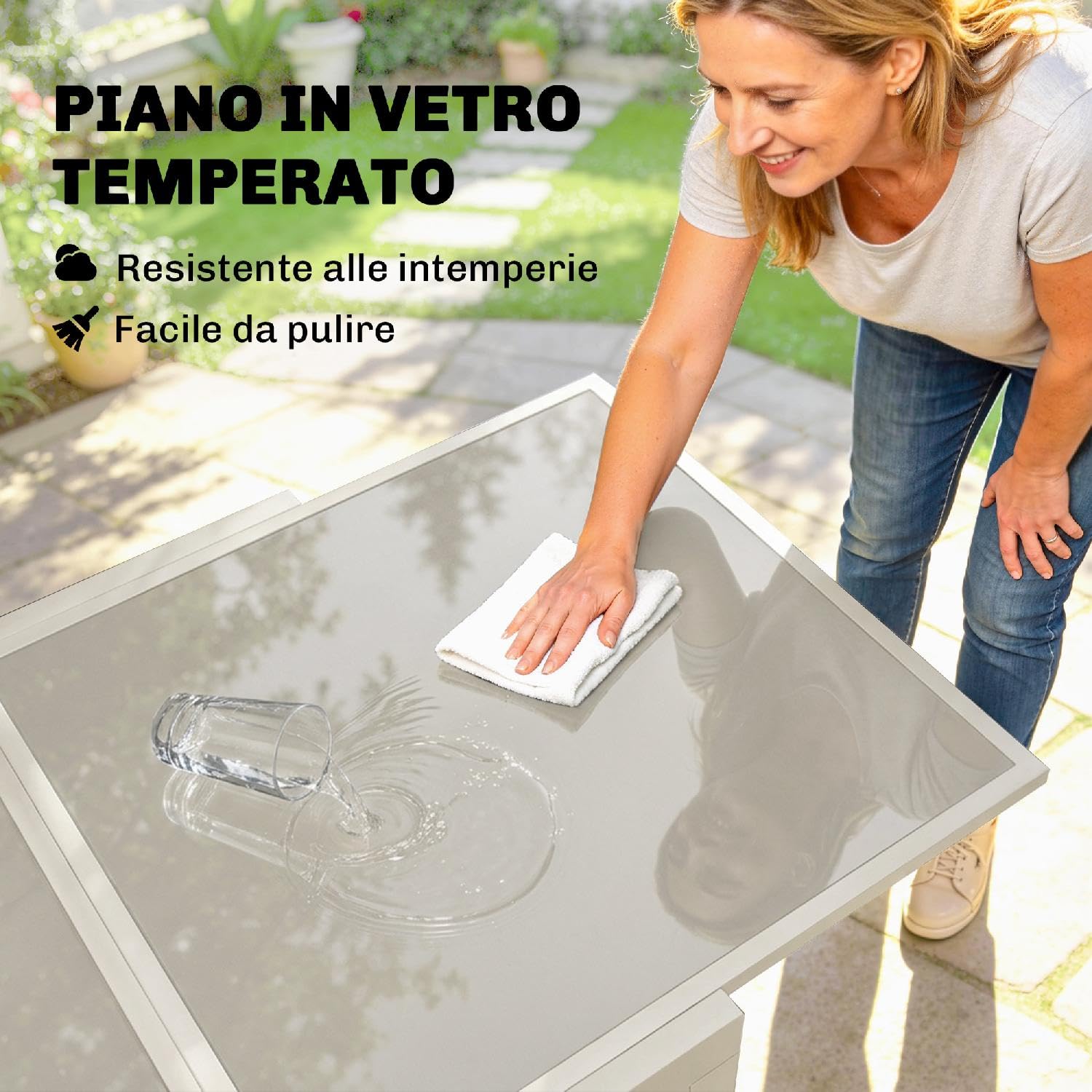 Tavolo da Esterno Giardino, Allungabile, Quadrato, in Alluminio/Vetro Temperato, 90-180x90x75 cm, Bianco Crema