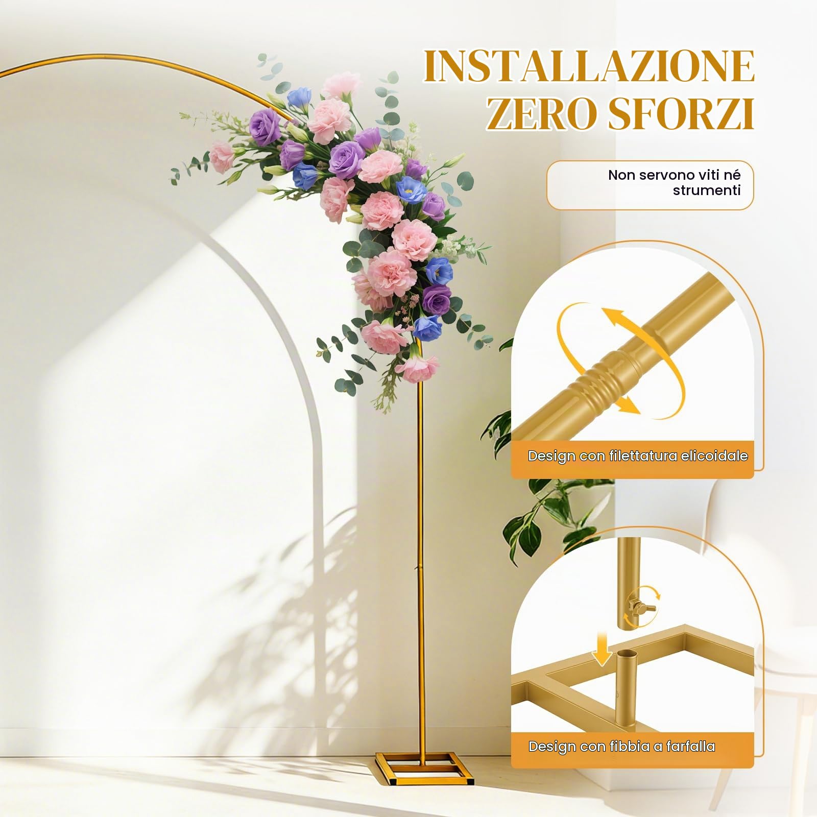 Arco per Matrimonio in Metallo Dorato 2,4 x 2,8 m con 2 Sacchi d'Acqua Zavorrati, Arco Palloncini Rotondo Decorativo per Nozze, Compleanni, Baby Shower e Set Fotografico