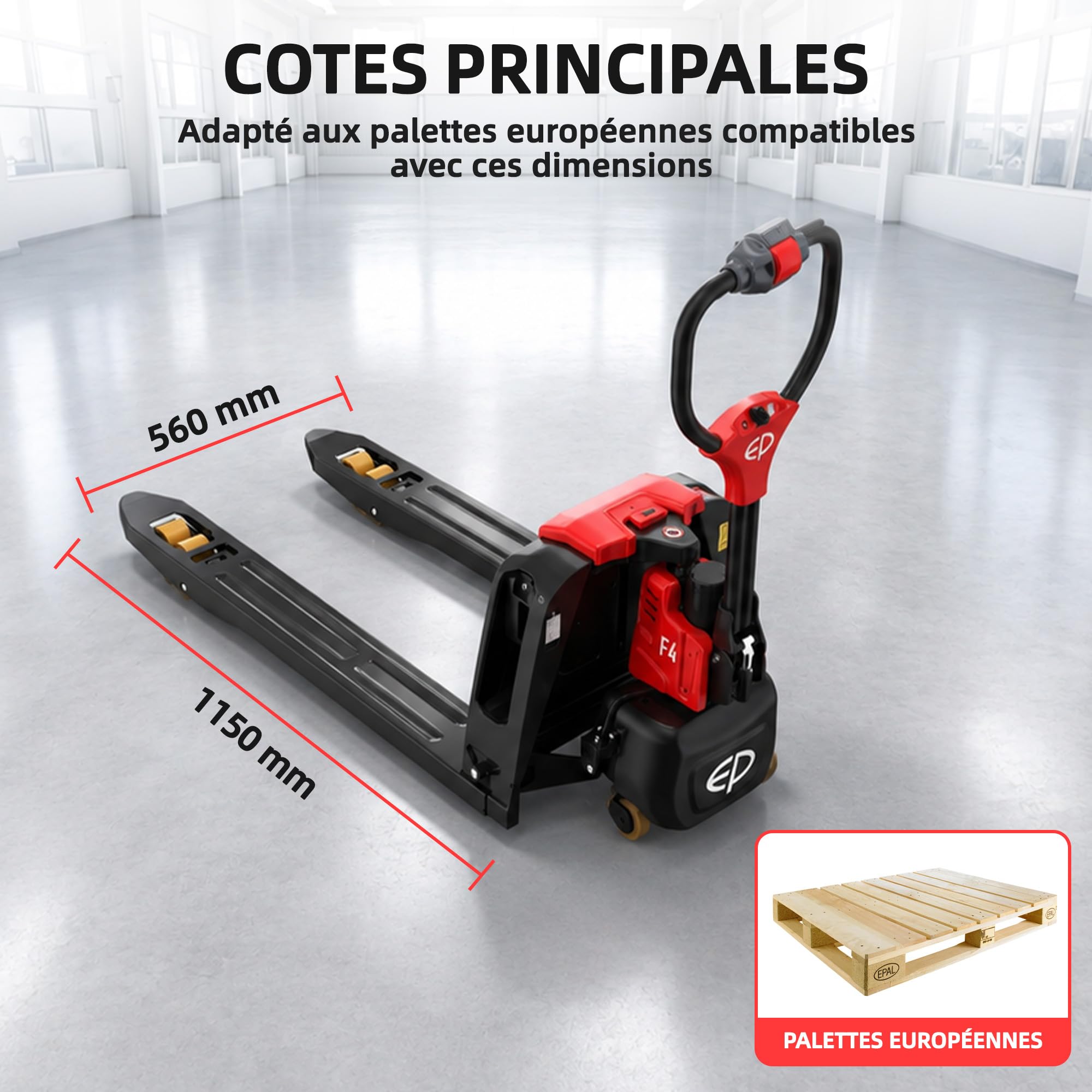 F4W20R Transpalette électrique 1 500 kg, Roues stabilisatrices