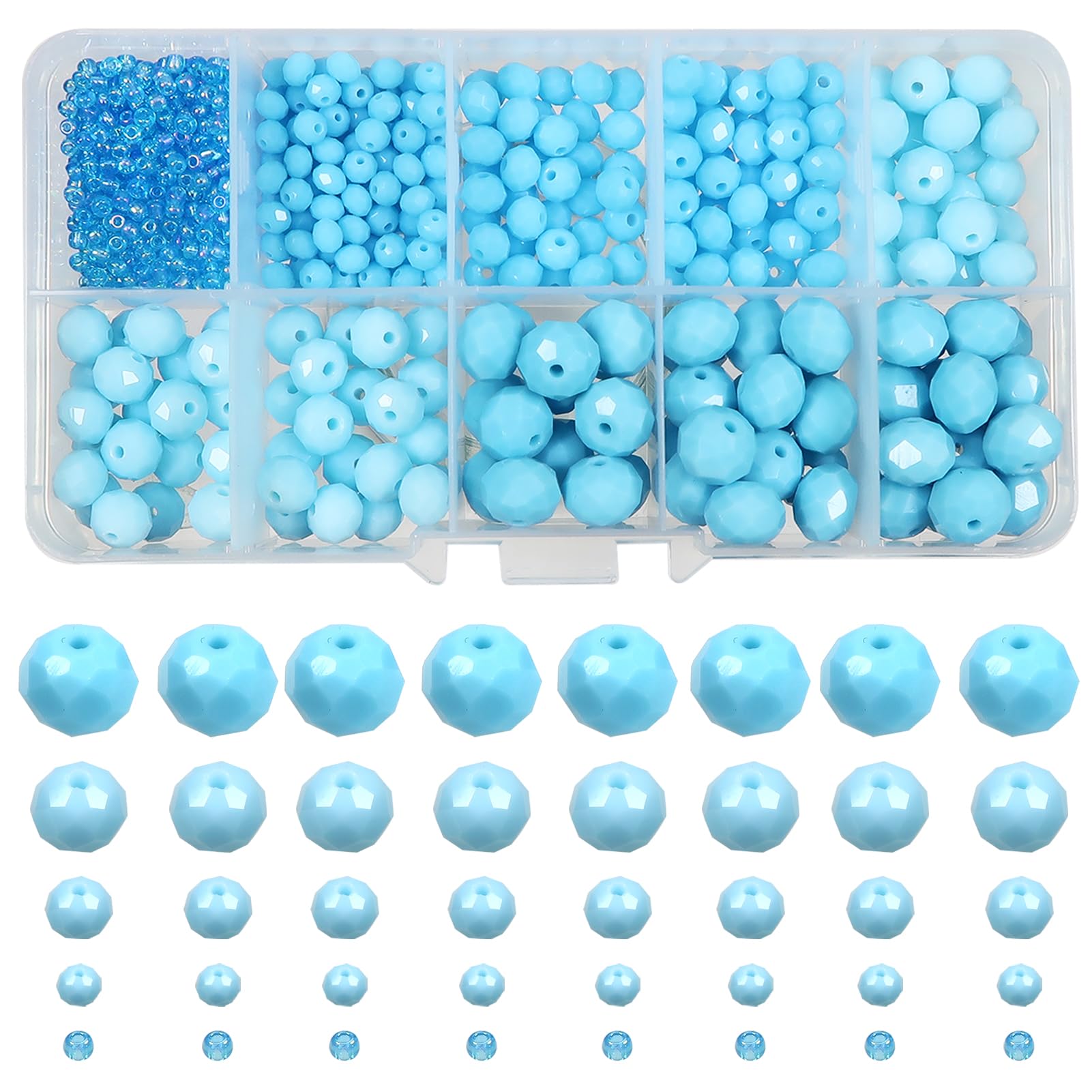 TOAOB 1000pcs Assorted Lake Blue Crystal Glass Beads Faceted Spacer Bead 2mm 4mm 6mm 8mm 10mm for Jewelry Making DIY Craft Project