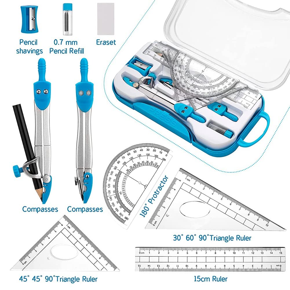 Trousse De Géométrie Complète 10 Pièces - Boussole, Rapporteurs, Règles, Gomme - Boîte Rangement Bleue