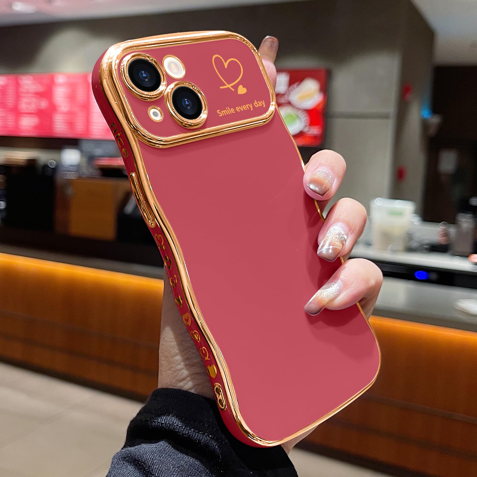 LCHULLE for iPhone 13 Case for Women Girls,Cute Curly Wave Frame Shape Love Heart Pattern Phone Case,Raised Camera Protection Luxury Plating Shockproof Cover for iPhone 13 6.1",Faint Red - Image 2