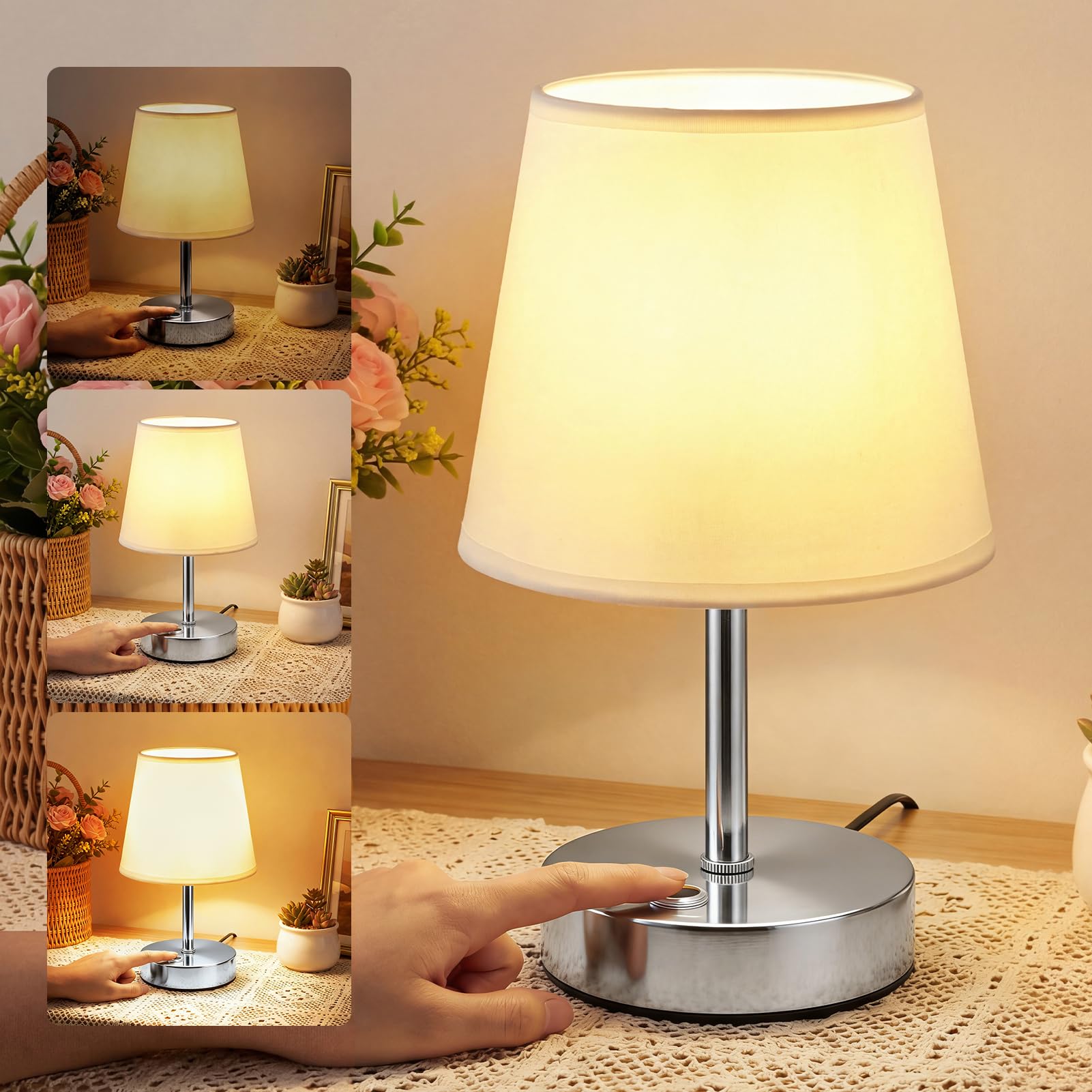 Warmiehomy Touch Bedside Lamps, 5200mAh Modern USB Rechargeable Table Lamp, 3-Level Dimmable Touch Lamps Bedside Small Night Light for Bedroom Living Room Nightstand (Bulb Included), Silver