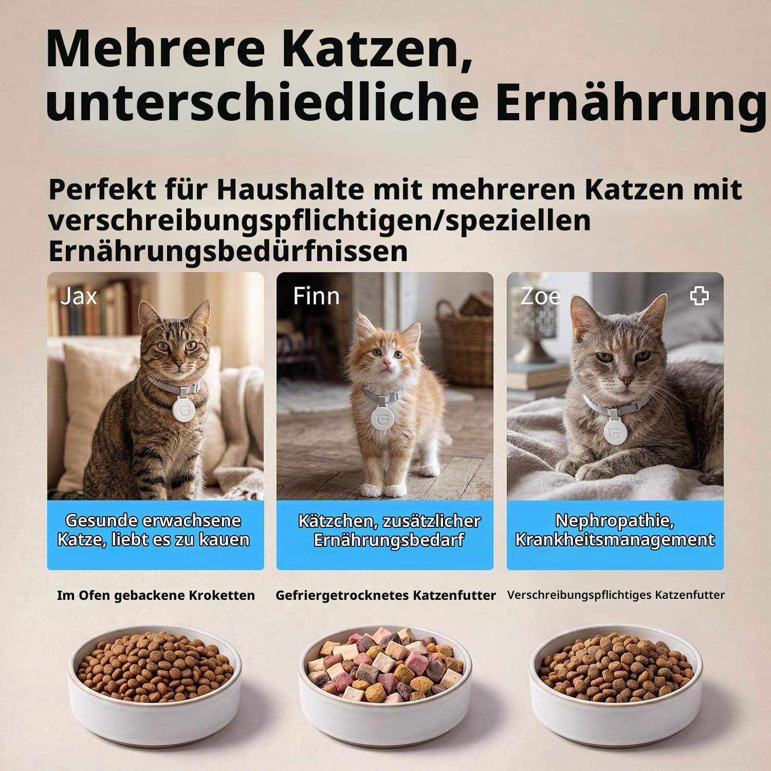 Futterautomat Katze RFID, 5G WiFi Futterspender Katze mit Collar-Tag-Sensor, 4.6L Katzenfutter Automat, Personalisierte Mahlzeiten per Halsband-Tag & Katzenerkennung, 1–10 Mahlzeiten, Keramikschale