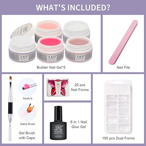 Miniatura 11 de X&D Kit de esmalte de uñas de gel, poligel UV, secado rápido, 1.98 oz, extensión de uñas de color transparente natural con forma de uñas, cepillo