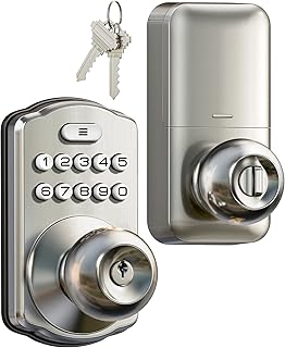 Veise Keypad Door Knob Lock, Keyless Entry Digital Lock with Handle, Electronic Knob for Front Door & Bedroom, Easy Installation, Auto-Locking, Passage Mode, Satin Nickel
