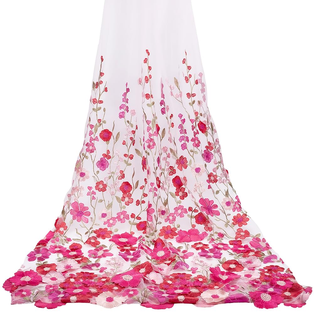 Tulle brodé rouge haut de gamme 172cm style vintage à maille transparente et fleurs 3D
