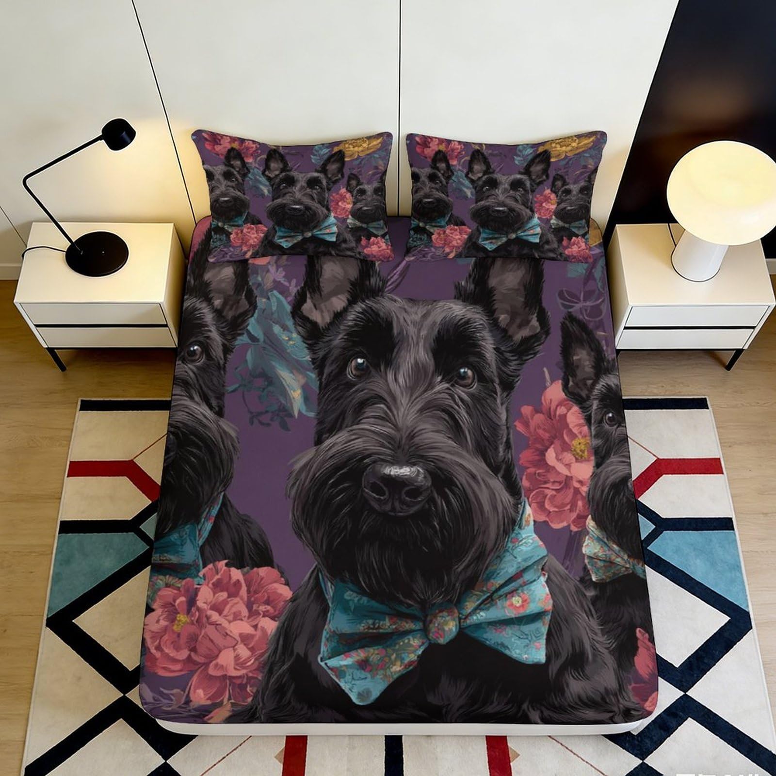 3D Printed Scottish Terrier Dog Fitted Sheet Microfiber Floral Bow Tie Mattress Cover for Bedroom Dorm Decor 200x200x25cm
