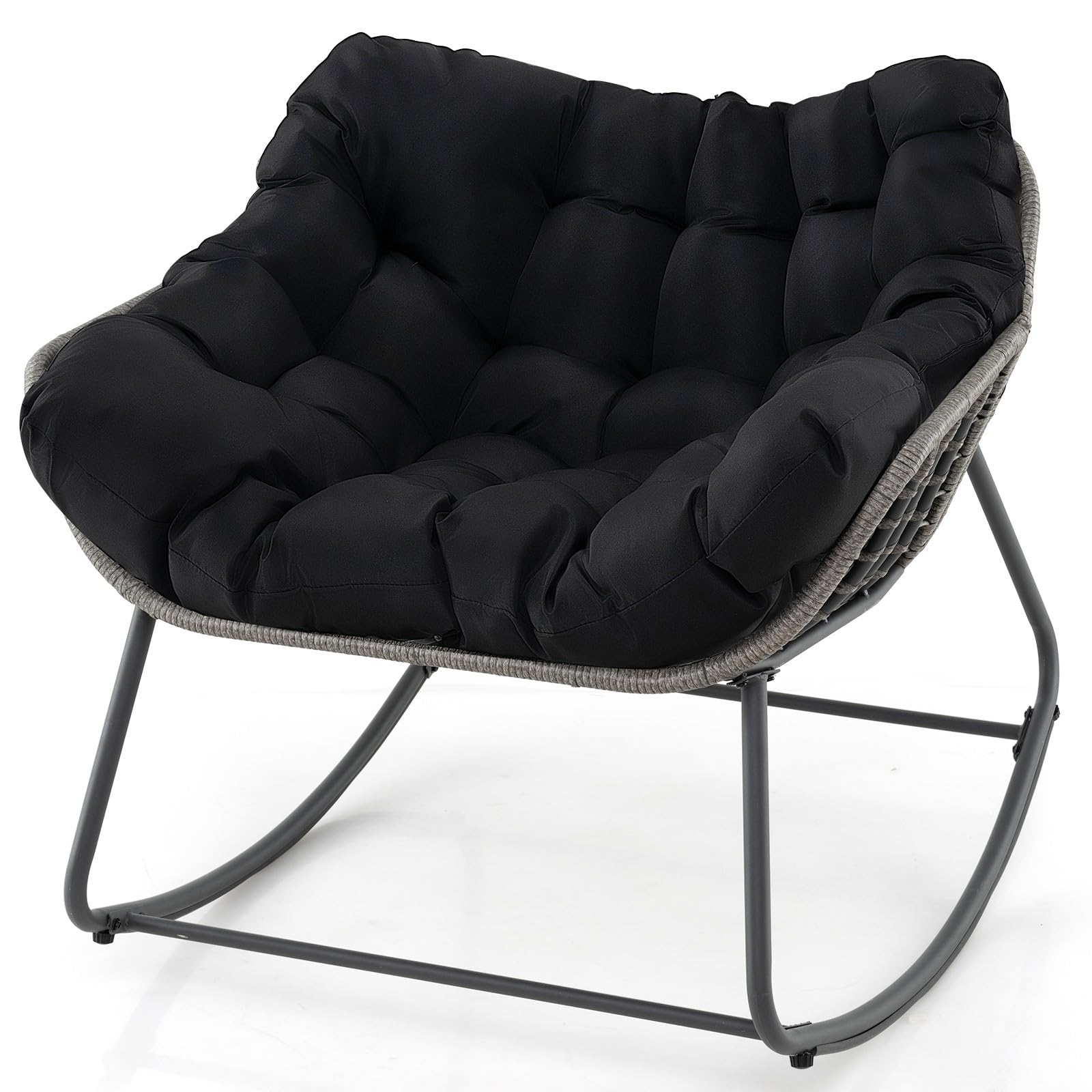 LIFEZEAL Sedia a dondolo da giardino, in rattan, per esterni, con cuscino imbottito, per balcone, veranda, soggiorno e terrazza (nero)