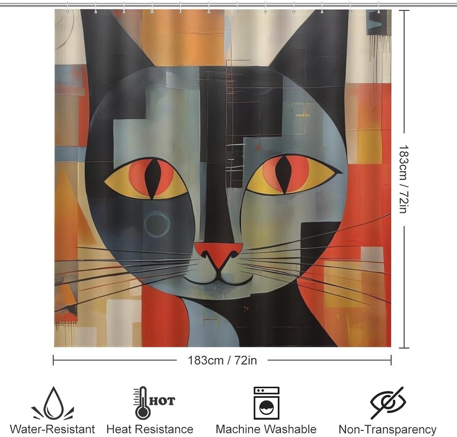 Orange Red Eyes Cat Shower Curtain Set 4 Piece, Non-Slip Bath Mat with Toilet Lid Cover and Waterproof Shower Curtain with 12 Hooks, Complete Bathroom Set for Home Decor