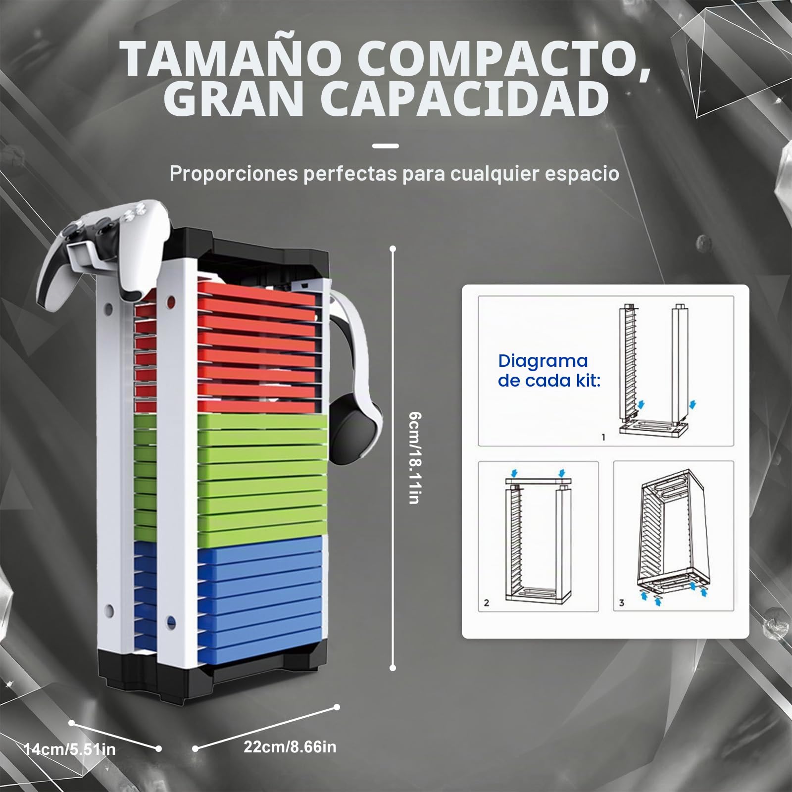 Soporte para discos de juegos, torre de almacenamiento de juegos PS5 con 2 ganchos, 23 discos de CD de juegos, Vertical & Horizontal Estantería Discos, para juegos PS5/Xbox/Nintendo Switch