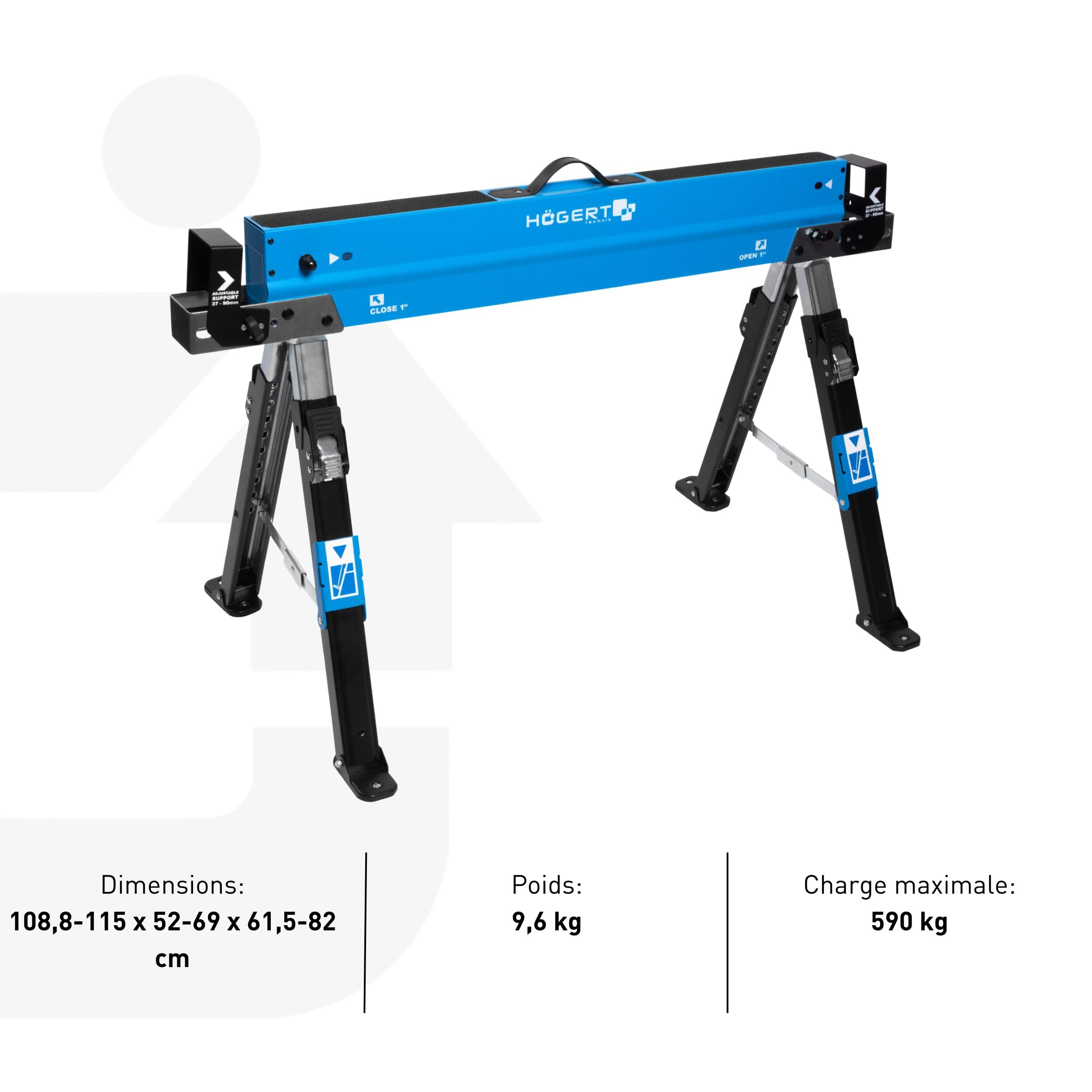 HÖGERT TECHNIK Tréteau pliant réglable en hauteur de 61,5 à 82 cm avec capacité de charge de 590 kg, supports de poutre de 40 à 90 mm, surface de travail antidérapante, supports pliables et poignée de