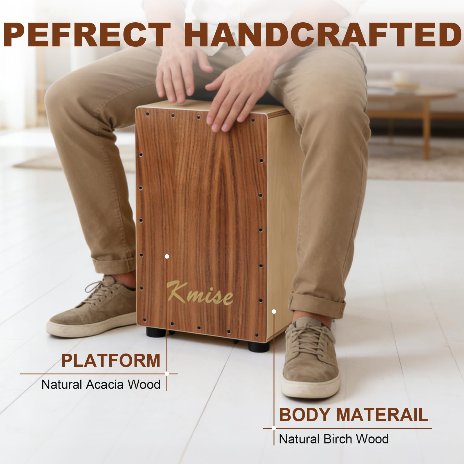 Kmise Tragbare Cajon-Schlagzeugbox, 30 x 30 x 48 cm, verstellbare Snare-Cajon-Trommeln, massives Akazien- und Birkenholz, Percussion-Instrument Geschenk für Erwachsene und Kinder, mit Tragetasche, für